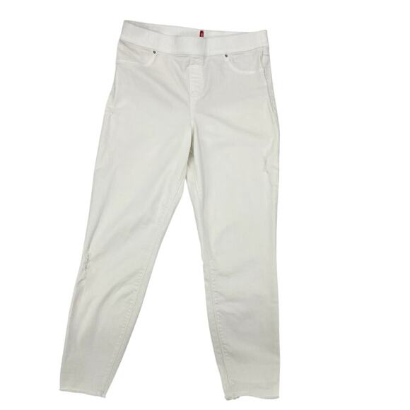 Spanx Pull On White Skinny Distressed Denim Jeans Raw Hem Extra Large - Picture 1 of 13